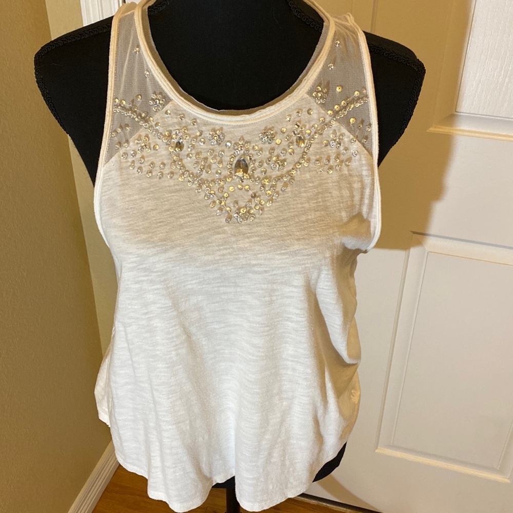 Abercrombie and Fitch White High Neck Tank Top with Sequins and Sheer Back